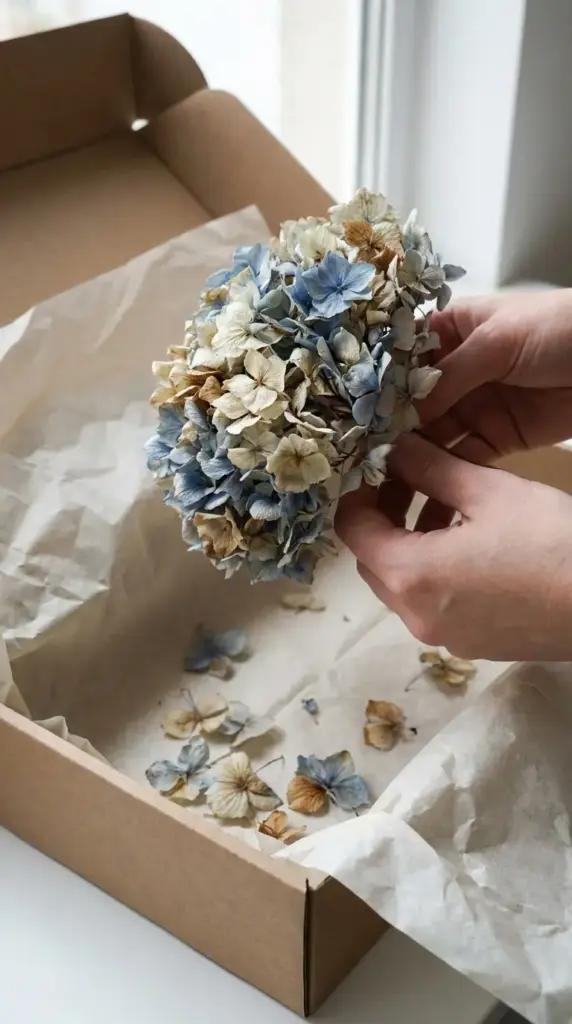 fragile dried hydrangea bouquet unboxing with petal shedding and delicate flower heads