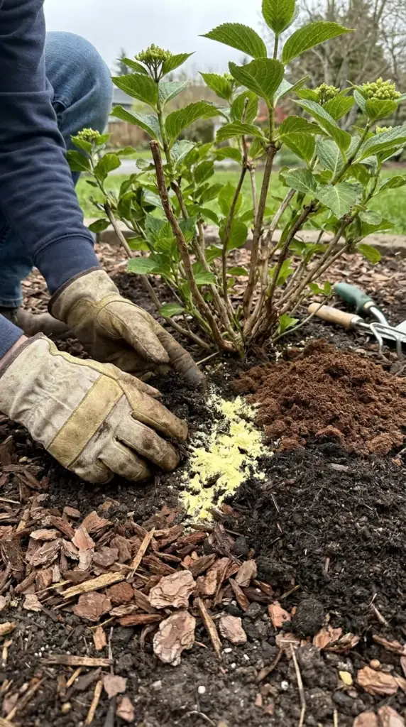 Safe soil amendments for hydrangeas including sulfur, pine bark mulch, and peat moss to support blue blooms