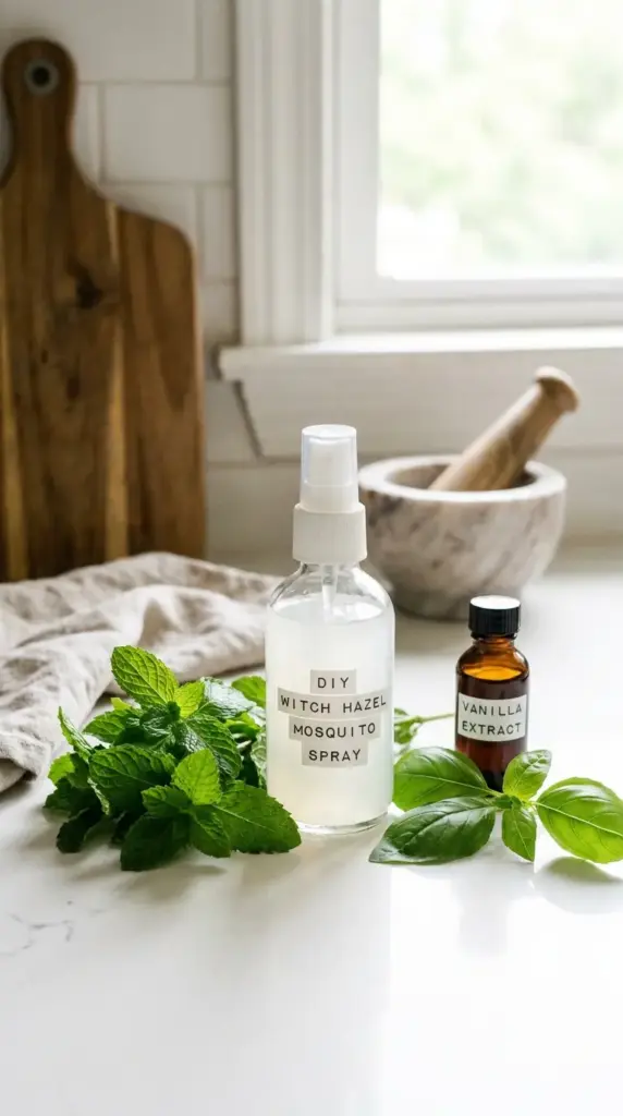 Witch hazel bug spray with mint and basil for DIY mosquito repellent at home
