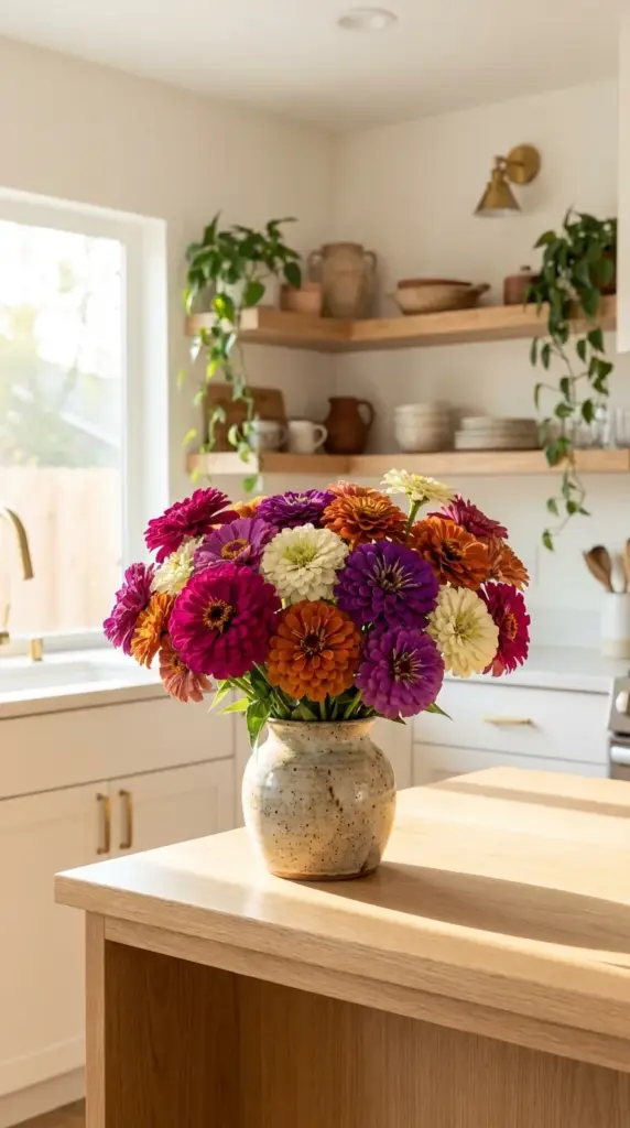A vibrant bouquet of colorful giant zinnias showing deep petal pigments from a sulfur-rich soil bed.