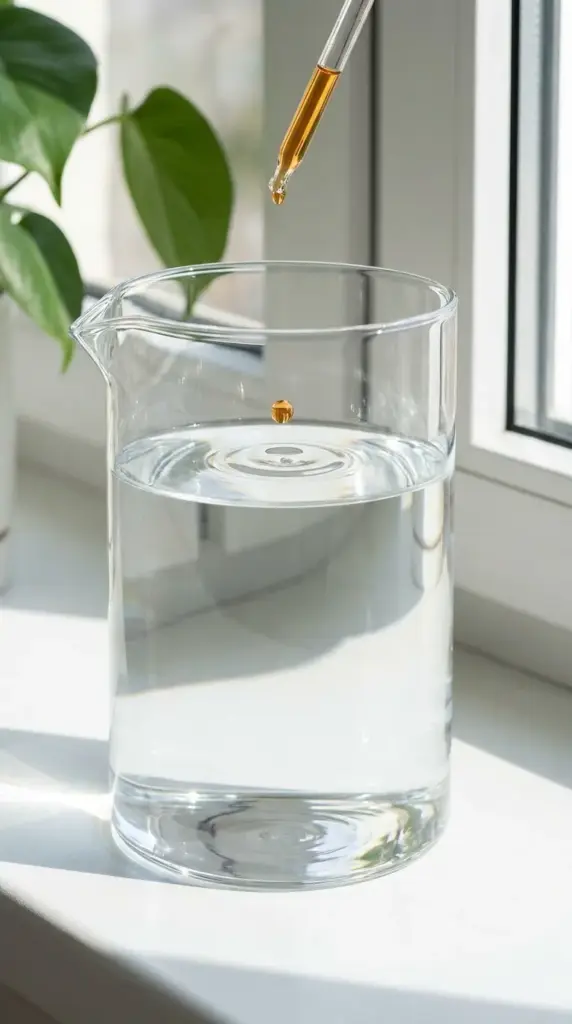 Diluting liquid plant fertilizer in a glass pitcher of water for a minimalist houseplant feeding schedule.