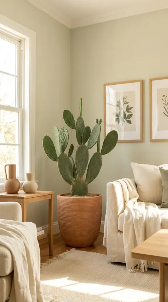 Beautifully styled indoor prickly pear cactus in a terracotta pot within a bohemian living room.