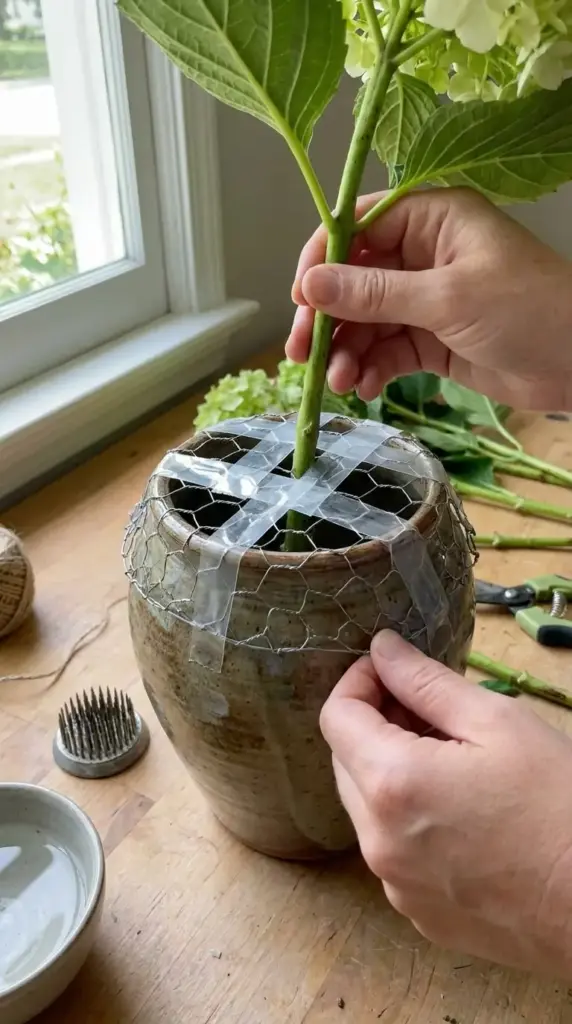 foam-free mechanics for heavy hydrangeas using tape grid chicken wire and flower frog
