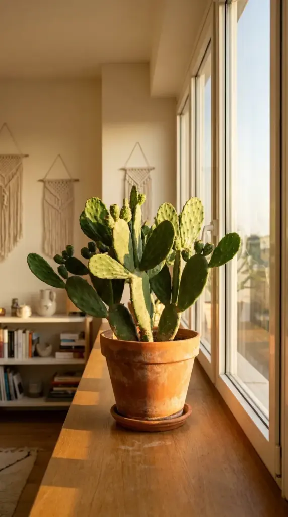 A thriving prickly pear cactus basking in direct sunlight on a bright south-facing window ledge.