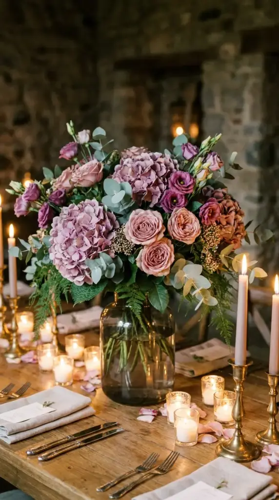 Mauve and dusty rose hydrangea bouquet with plum accents for romantic weddings and elegant floral styling