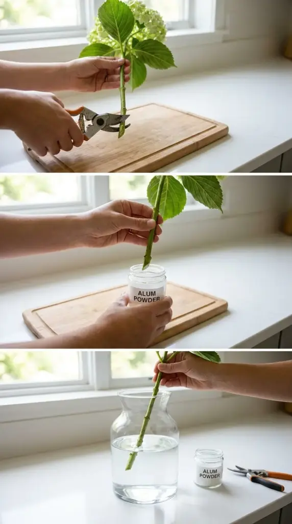 Step-by-step alum powder method for keeping cut hydrangeas fresh longer