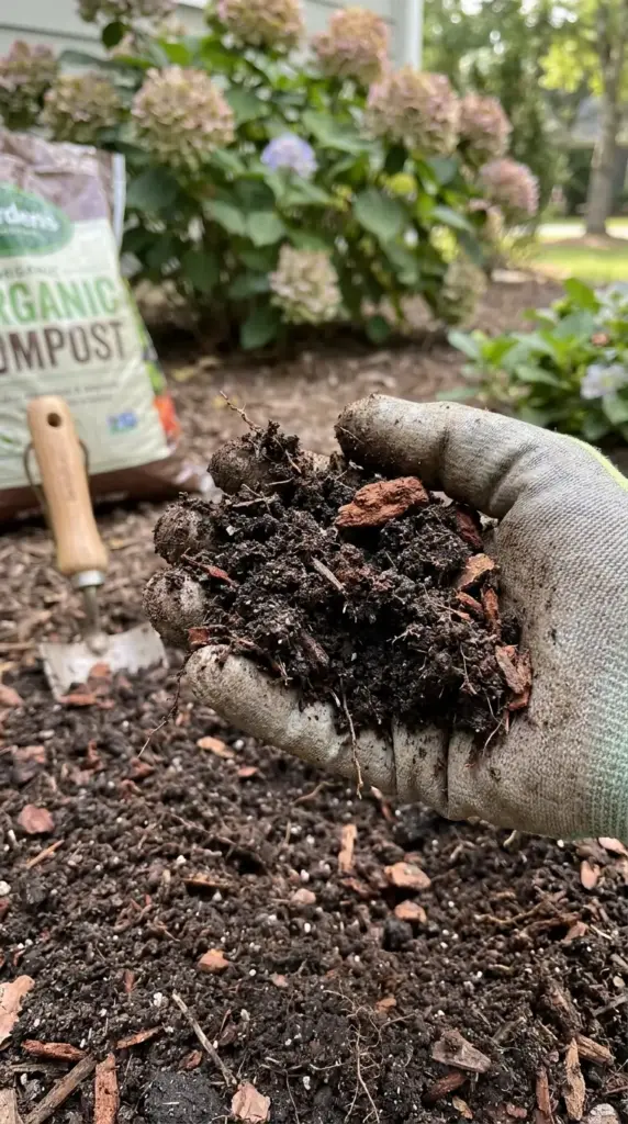 Best soil mix for hydrangea drainage with compost, pine bark fines, and native soil