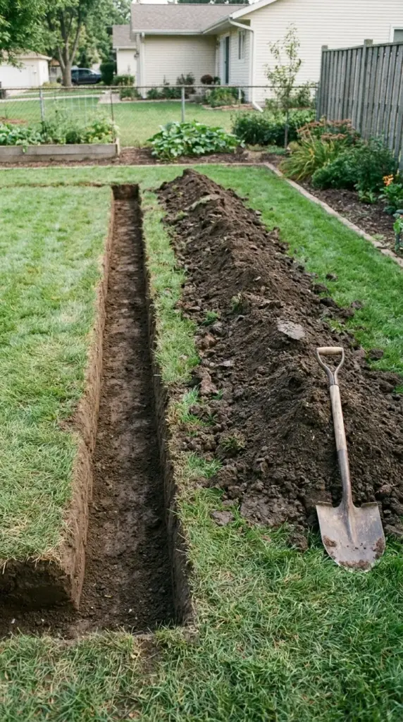 Proper trench depth and width for installing lawn edging bricks in a DIY landscape border