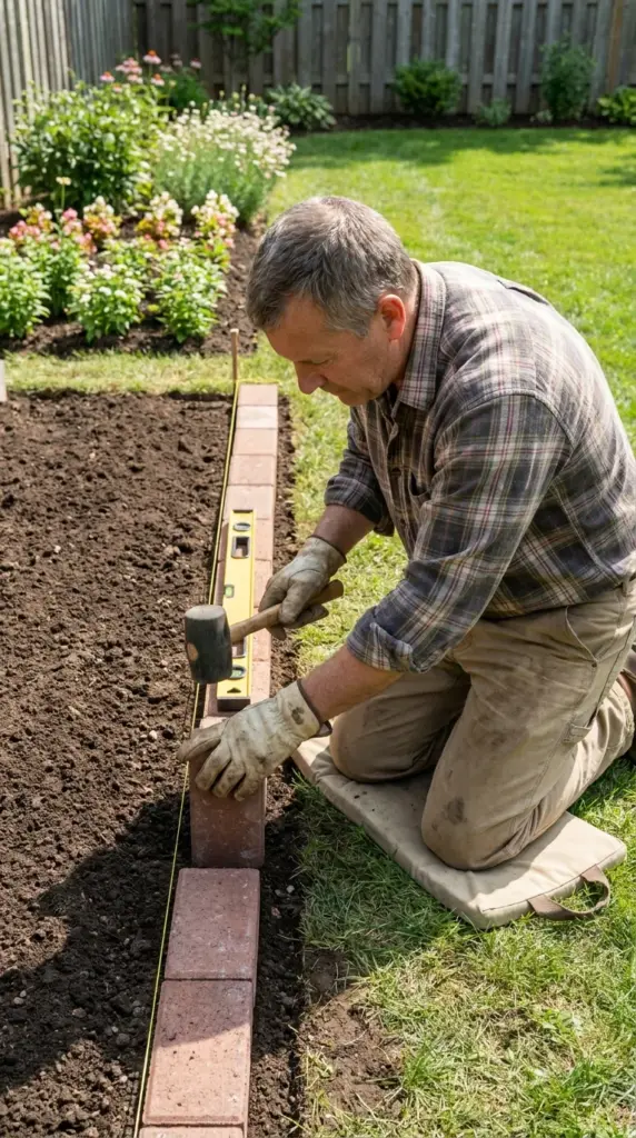 Using a string line and level to create straight, even, professional-looking brick lawn edging