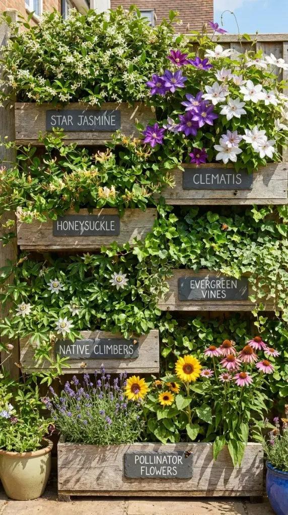 Best plants for a living wall fence including evergreen vines, jasmine, clematis, and privacy climbers