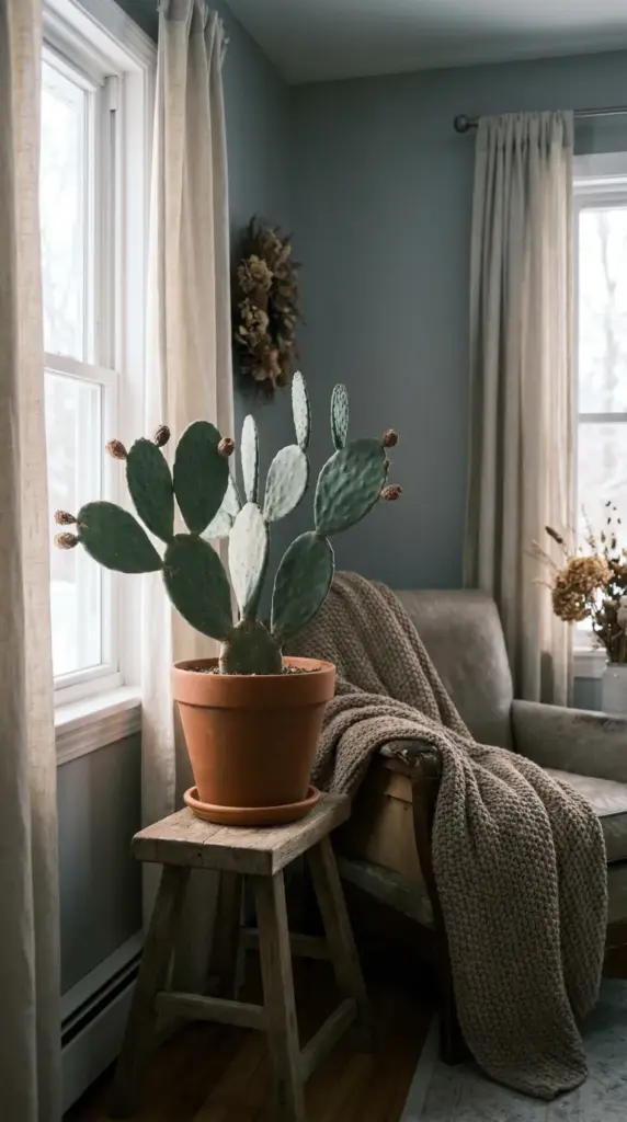 Indoor prickly pear cactus resting safely during winter plant care hibernation.