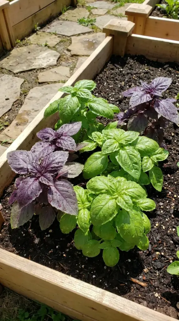 Basil mosquito repellent herb growing in a raised bed kitchen garden
