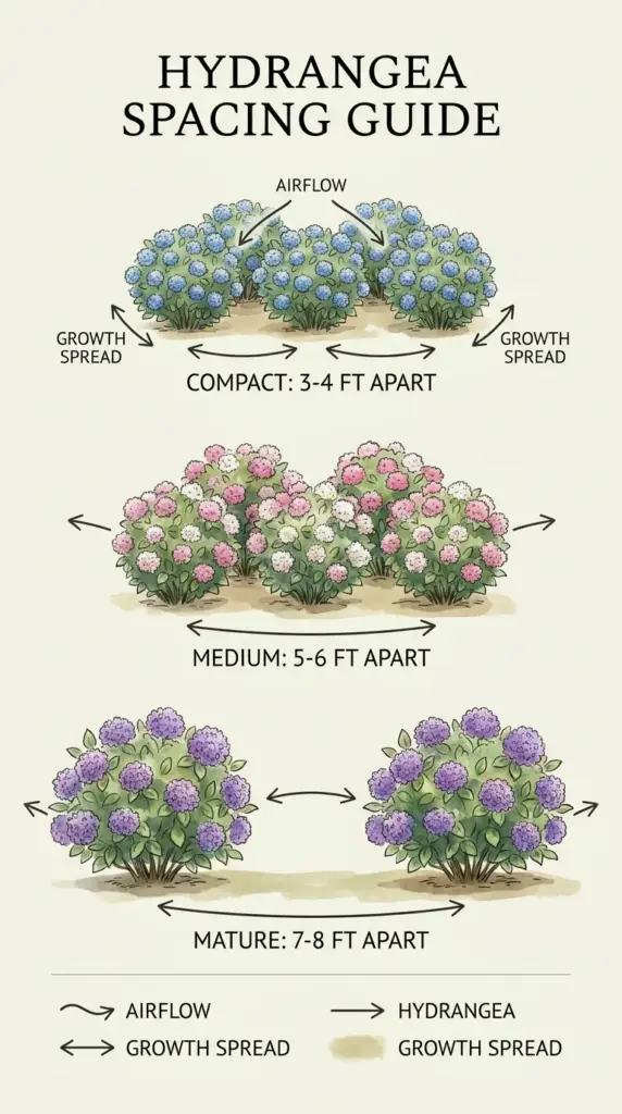 Hydrangea spacing guide for healthy cluster planting, mature width, airflow, and disease prevention