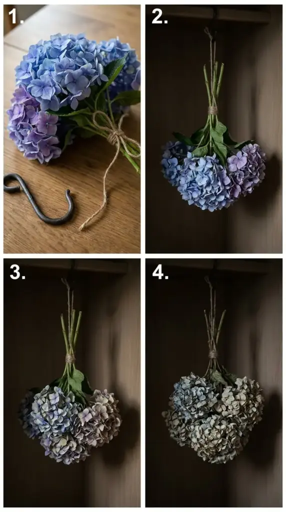 Step-by-step upside down drying method for preserving a hydrangea bouquet