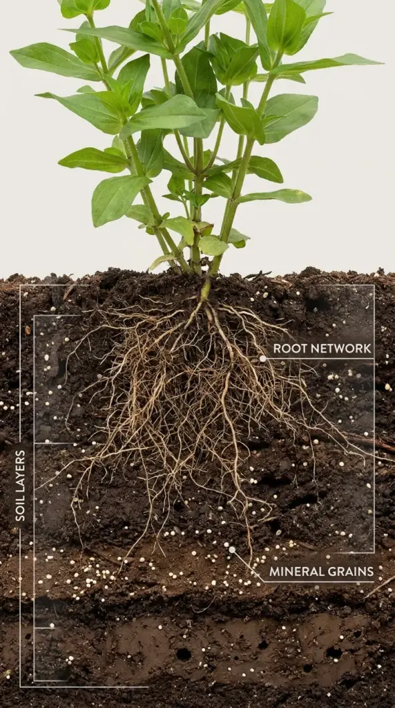 Deep root development of a zinnia plant supported by slow release bone meal fertilizer in rich soil.