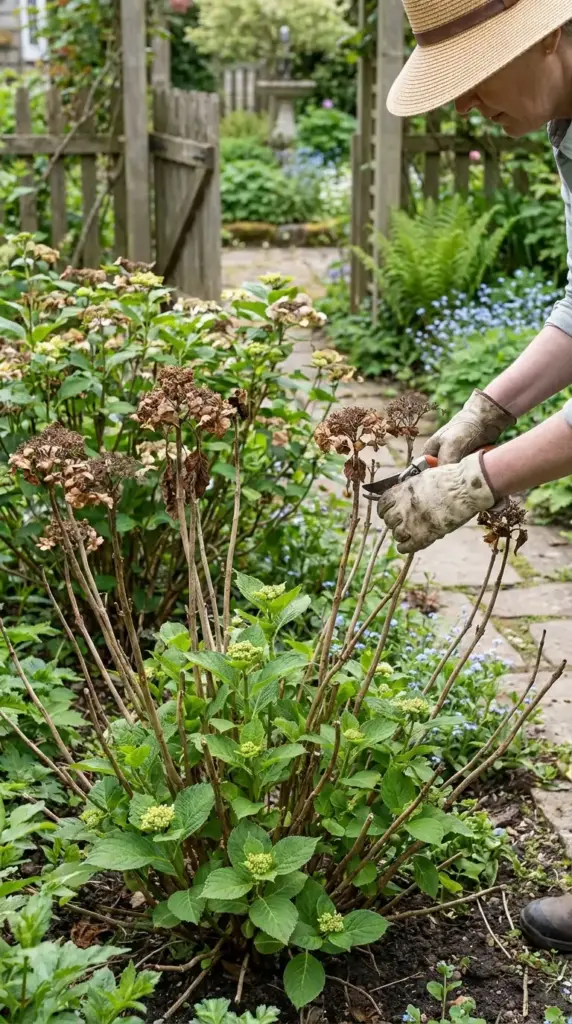 Light pruning for reblooming bigleaf and mountain hydrangeas in spring