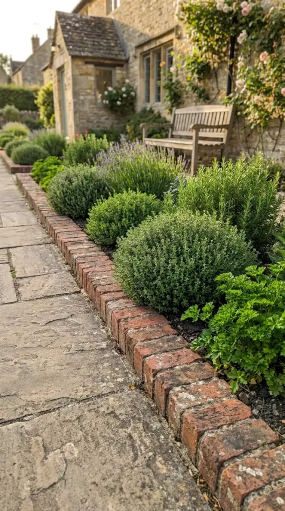 Header course brick edging in a narrow herb garden border by a front path