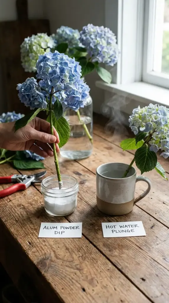 Florist tricks for reviving hydrangeas using alum powder and boiling water stem treatment