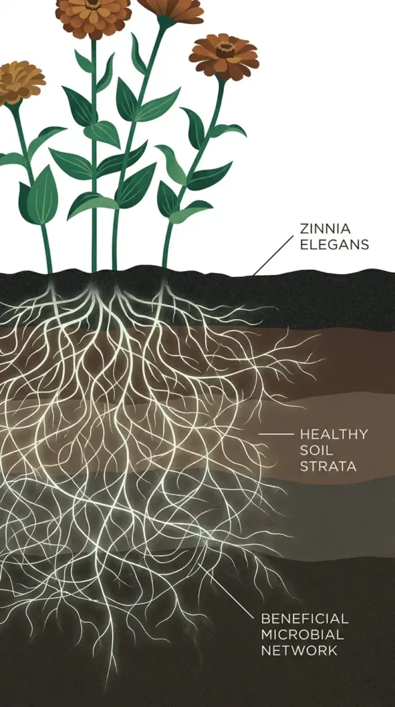 Cross-section diagram of zinnia root networks inoculated with mycorrhizal fungi underground.