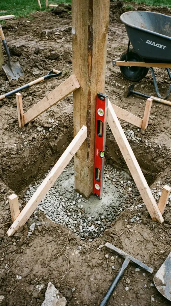 Fence post installation with gravel, concrete, level, and bracing for a straight wood fence