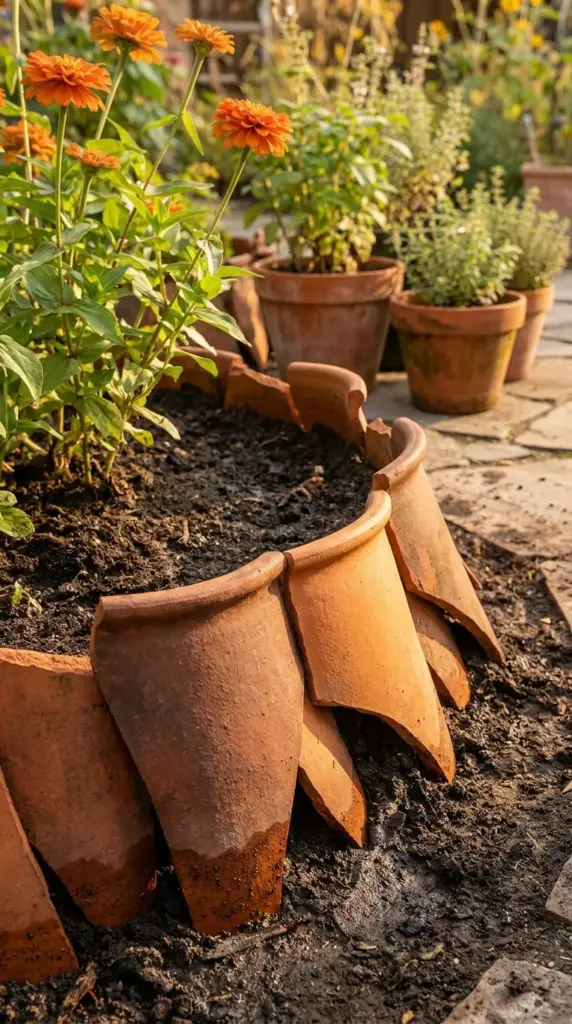 Broken terracotta pot shards repurposed into a beautiful eco-friendly garden border for summer flowers.