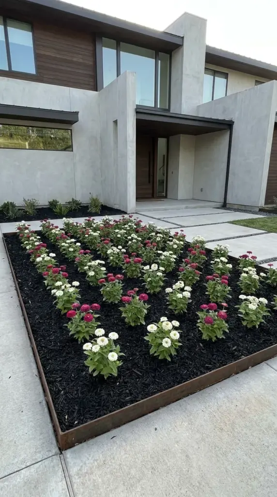 Modern minimalist zinnia grid bed with clean lines, repeated spacing, and sleek curb appeal
