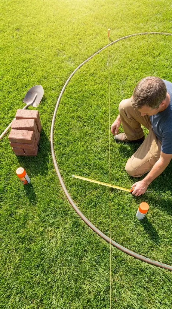 Planning a brick garden border with hose layout, mason line, and measured edging curve