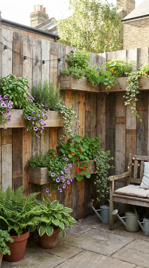 Pallet fence with built-in planter boxes for herbs, flowers, and backyard privacy