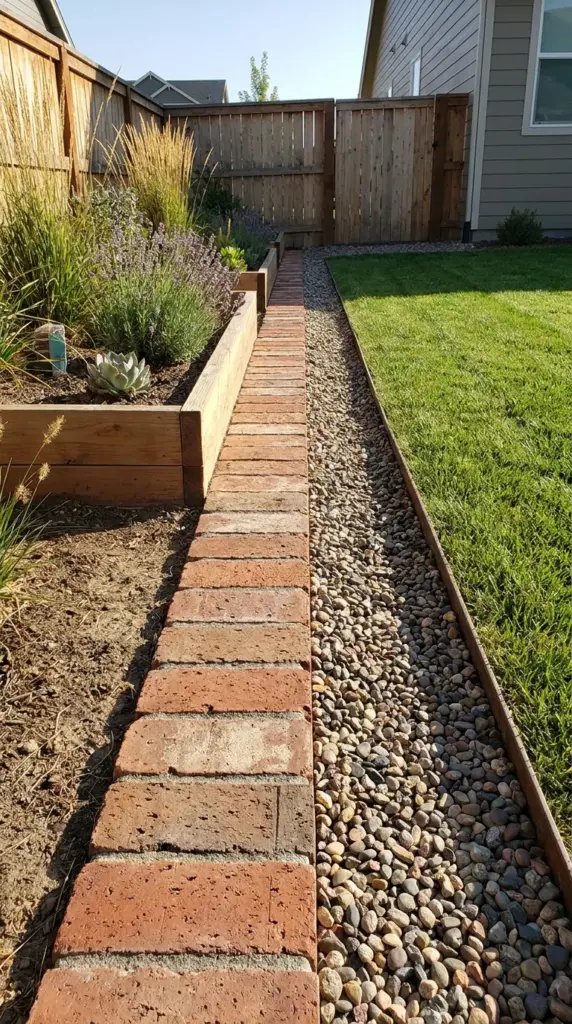 Brick-and-gravel border strip for drainage-friendly lawn edging and low-maintenance landscaping