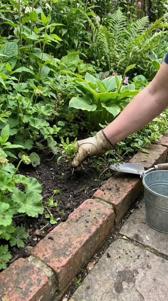 Weed control in a brick bordered flower bed using dense planting and hand weeding instead of mulch