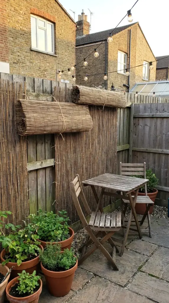 bamboo and reed fencing used as low-cost backyard privacy screen on an existing fence