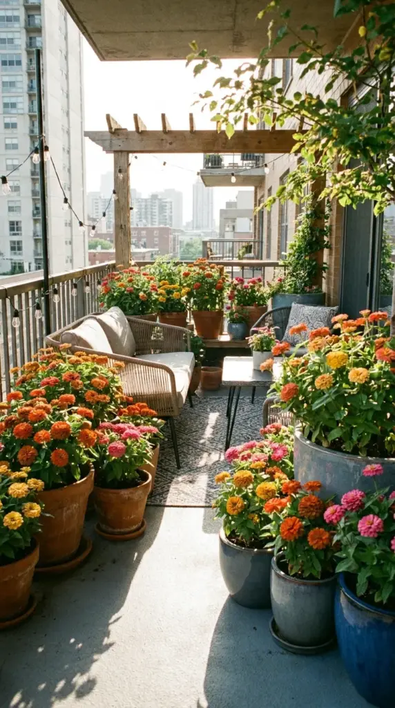 Dwarf Dreamland zinnias growing in terracotta pots on a sunny, stylish apartment balcony.