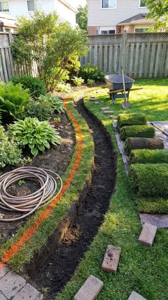 marking and digging a trench for DIY brick garden edging around a flower bed