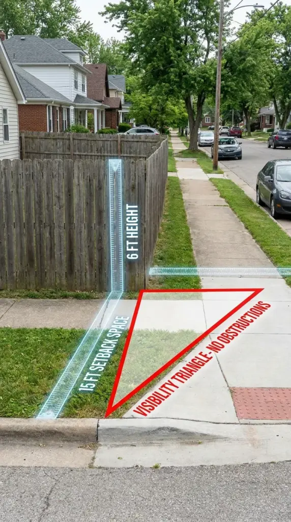 Common fence code violations including height limits, setbacks, and corner lot visibility issues