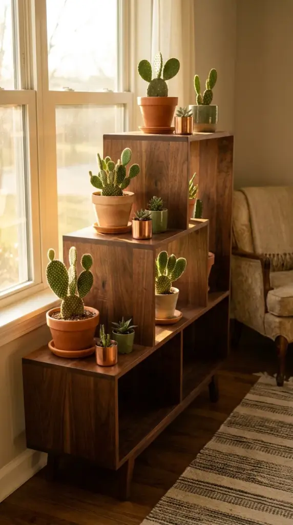 Prickly pear cacti displayed on a tiered wood plant stand in a sunny room corner.