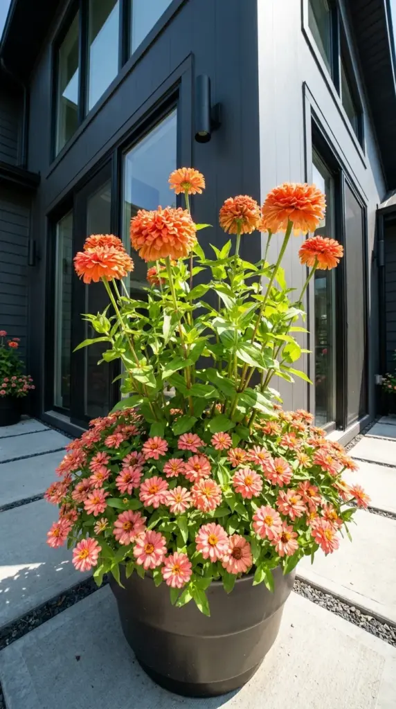 Giant coral zinnias and dwarf Lilliput salmon zinnias planted in front of a dark modern house exterior.