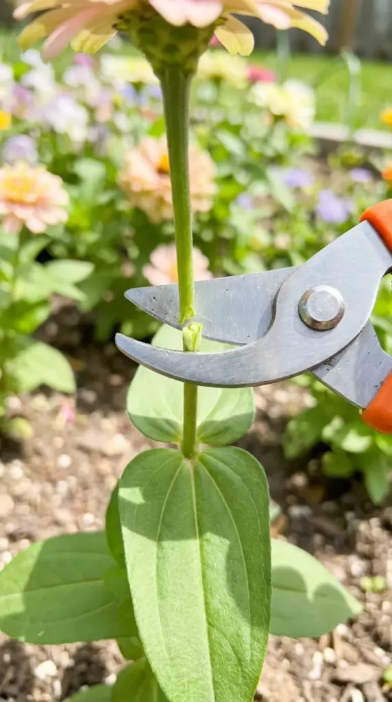 Pinching a young zinnia seedling with pruning shears to encourage bushy growth and more flowers.
