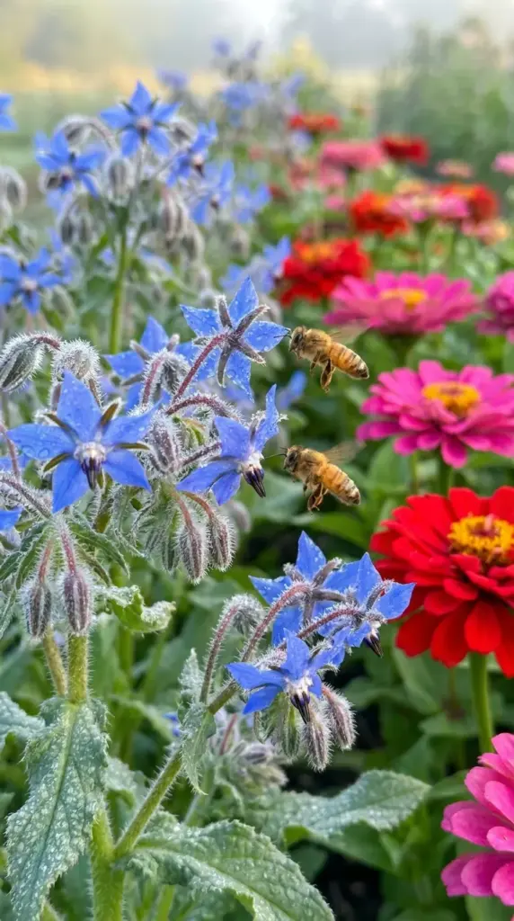Bright blue borage flowers drawing honeybees into a mixed zinnia flower bed.