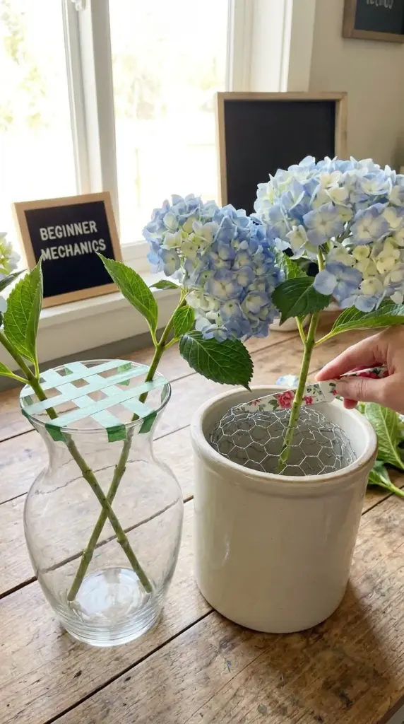 Floral tape grid and chicken wire mechanics for shaping hydrangea arrangements like a florist
