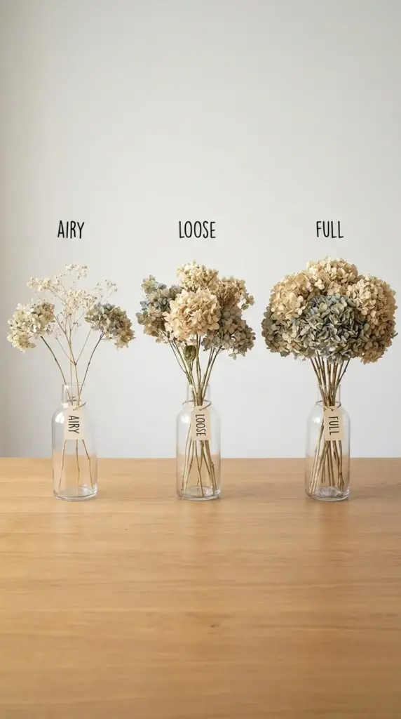 dried hydrangea bouquet size and stem count comparison showing airy loose and full arrangements