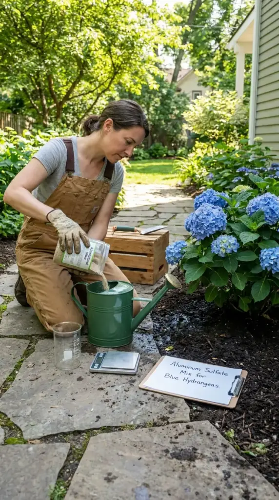 Applying aluminum sulfate to hydrangeas correctly for stronger blue blooms without damaging the roots