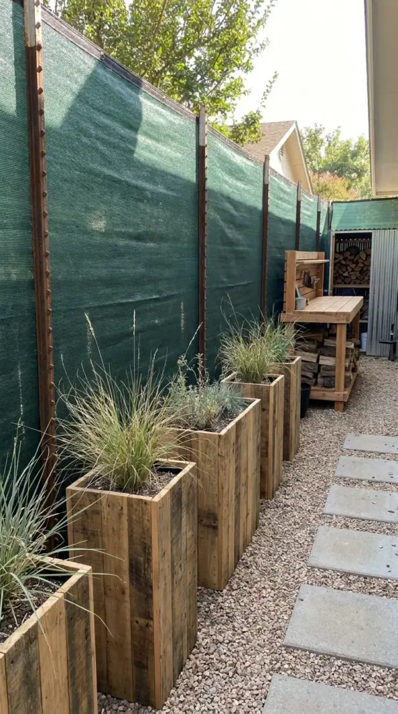 shade cloth privacy screen on T-posts for a cheap quick backyard privacy fence solution
