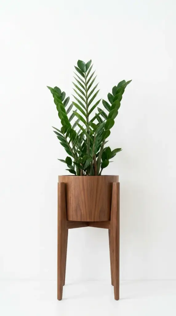 A perfectly symmetrical and upright ZZ plant growing straight on a mid-century modern plant stand.