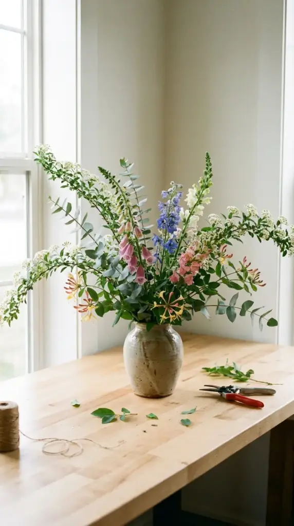 building a strong greenery base layer for a foam-free hydrangea arrangement