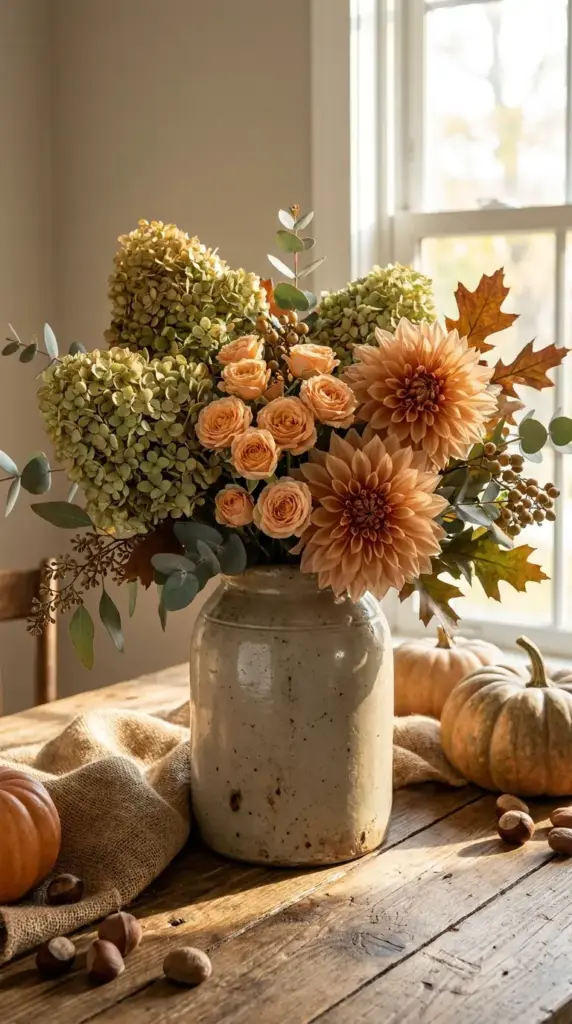 Antique green hydrangea bouquet with peach and toffee flowers for fall farmhouse centerpiece ideas