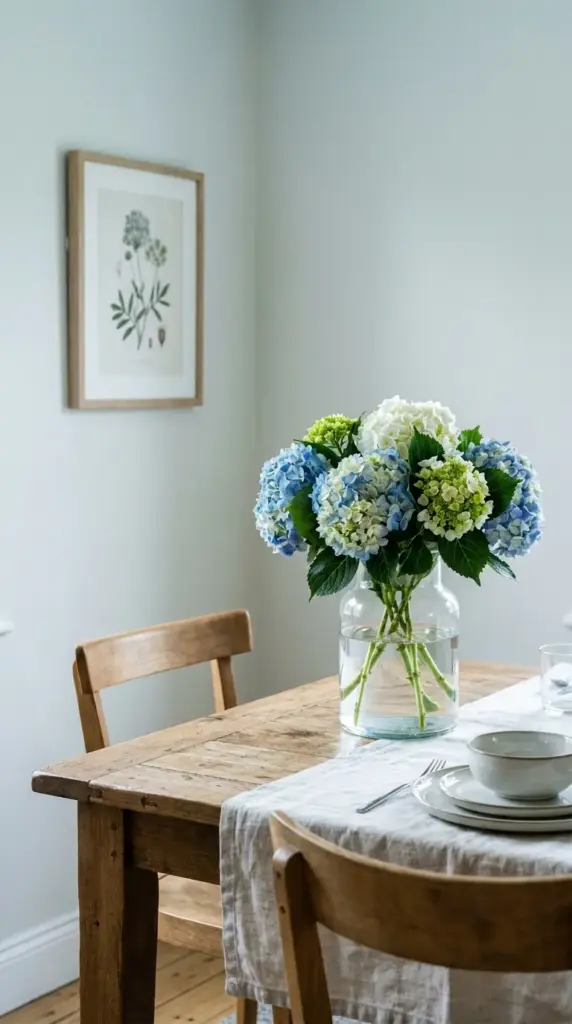 Proper vase setup and cool room placement for fresh hydrangea bouquets