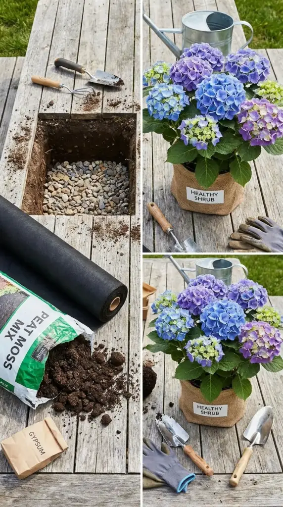 Hydrangea drainage mistakes including gravel in planting holes, landscape fabric, and excess peat