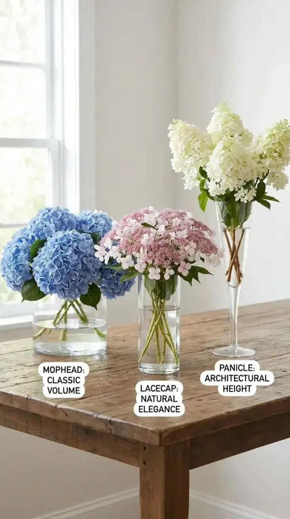 best vase shape for mophead lacecap and panicle hydrangea arrangements