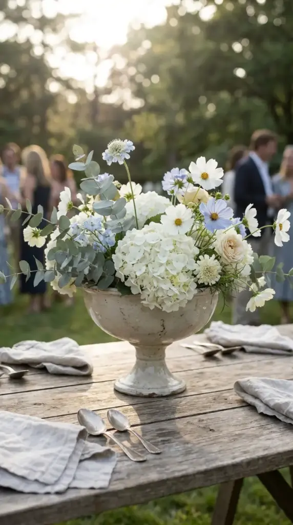 Compote centerpiece with white hydrangeas, eucalyptus, and wildflowers for garden party tables