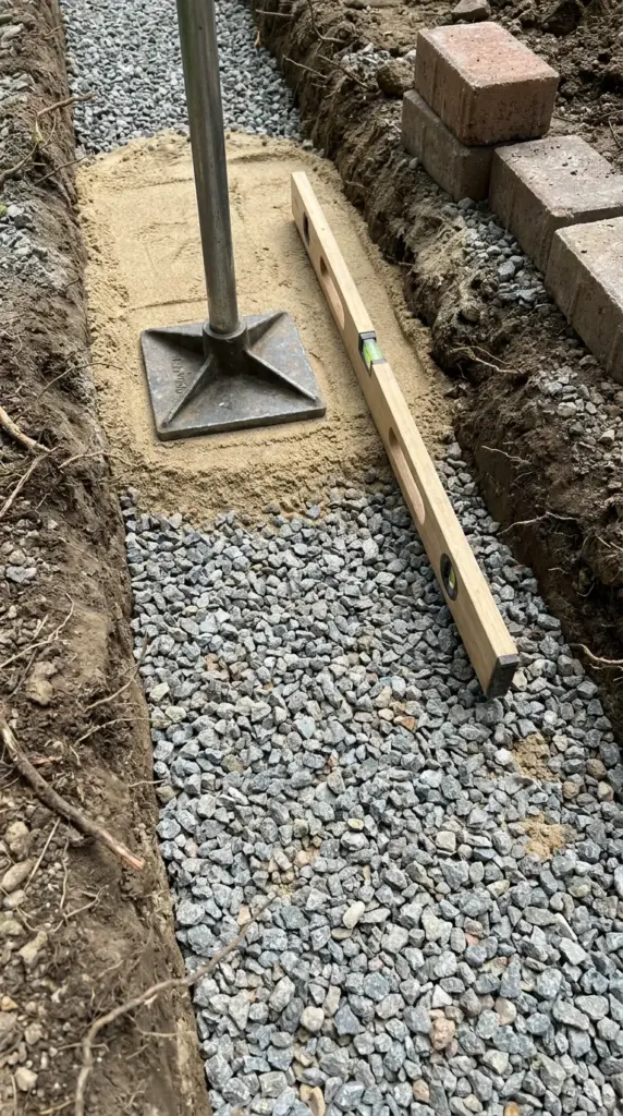 Crushed stone and leveling sand base for drainage-friendly brick lawn edging